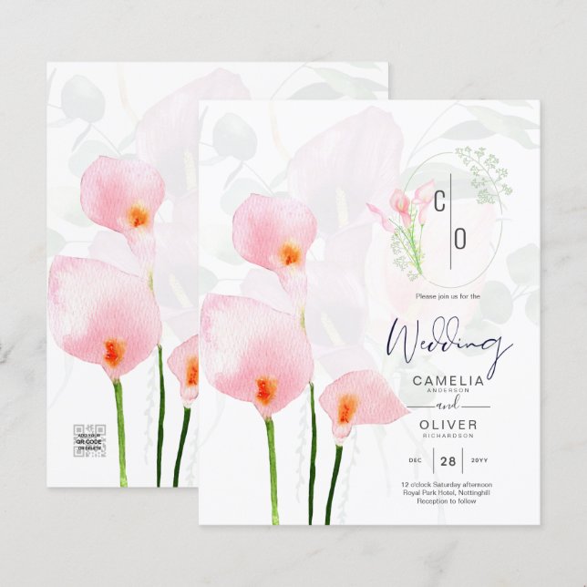 Lámina Invitación a la boda floral LeahG Pink Calla Lily (Anverso / Reverso)