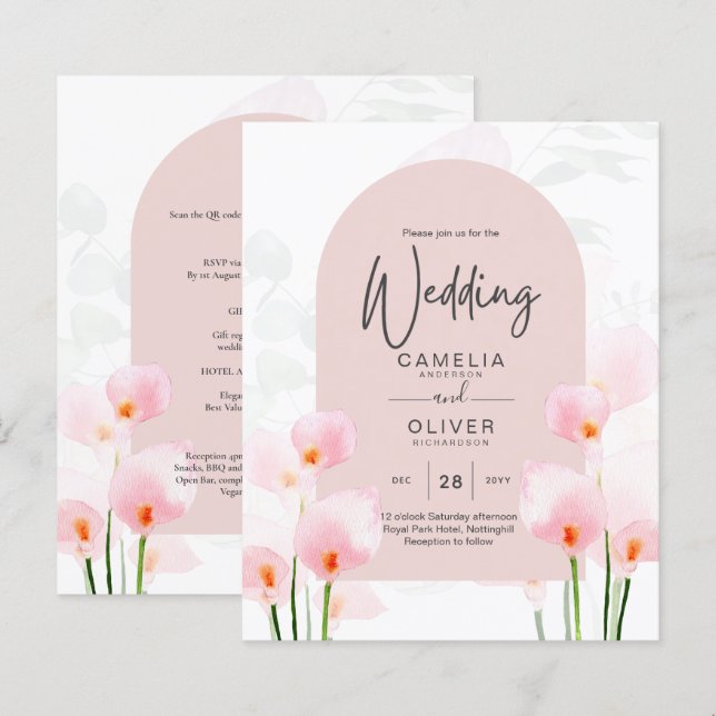 Lámina Invitación a la boda floral LeahG Pink Calla Lily (Anverso / Reverso)