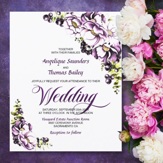 Lámina Invitación a la boda floral púrpura del presupuest (Subido por el creador)