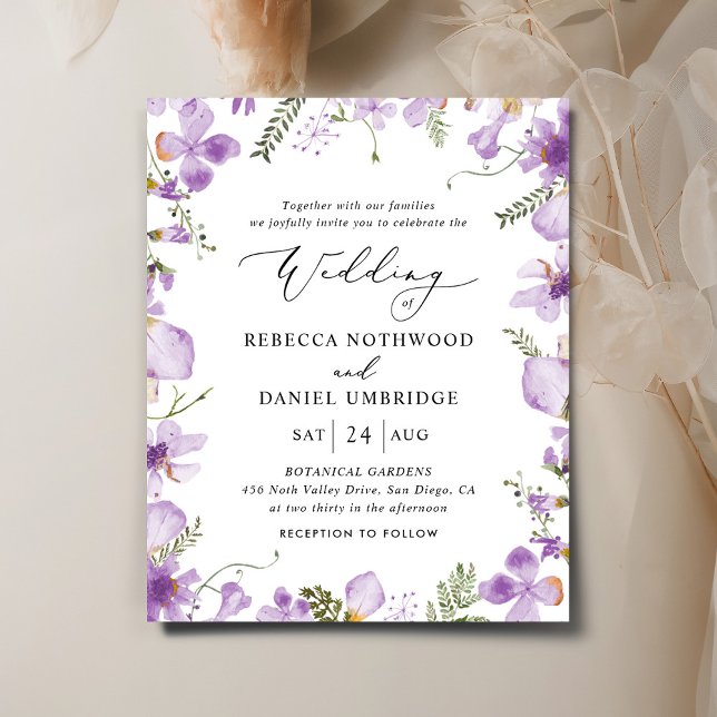 Lámina Invitación a la boda floral púrpura moderna de pre (Subido por el creador)