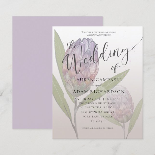 Lámina Invitación a la boda floral púrpura y rústica de p (Anverso / Reverso)