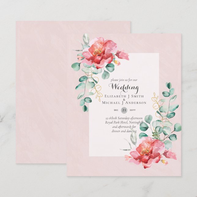 Lámina Invitación a la boda floral roja de bajo presupues (Anverso / Reverso)