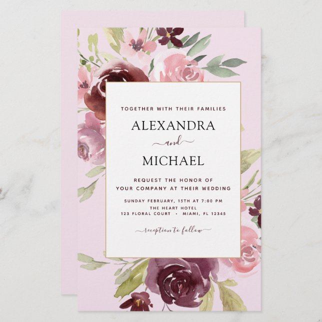 Lámina Invitación a la boda floral rosa borgoñona (Anverso / Reverso)