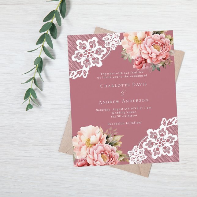 Lámina invitación a la boda floral rosa de encaje dorado  (Subido por el creador)