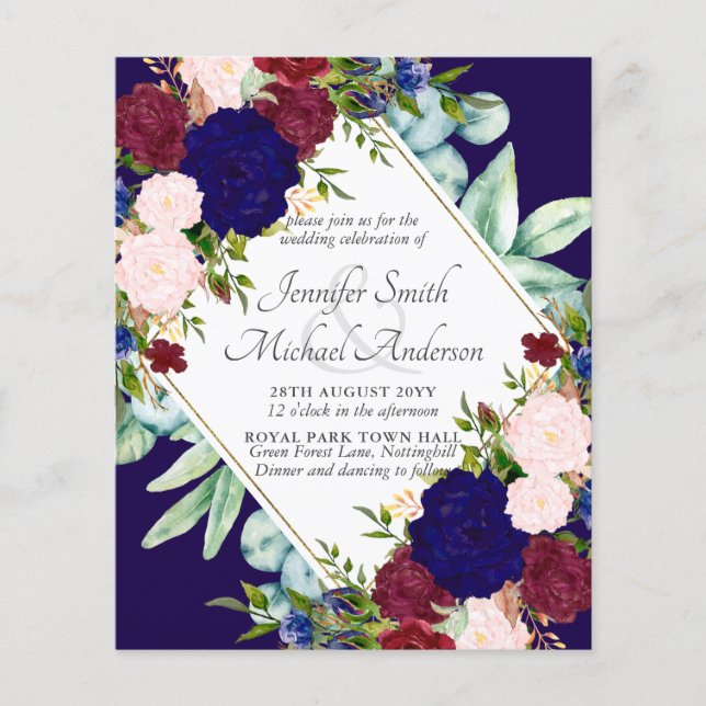 Lámina Invitación a la boda floral rosa de la Marina Azul (Anverso)