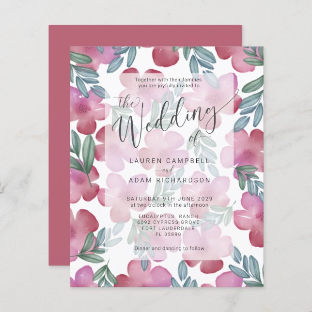 Lámina Invitación a la boda floral rosa del Boho de presu (Anverso / Reverso)