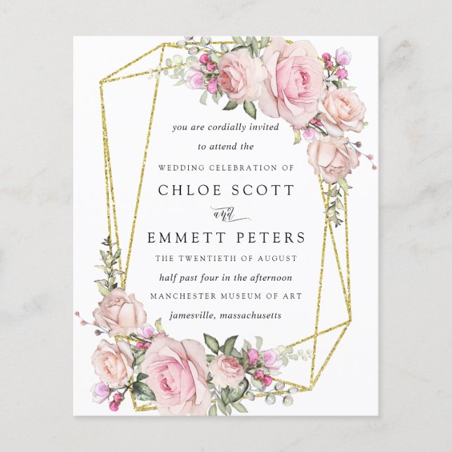Lámina Invitación a la boda floral rosa rosa de Rubor de  (Anverso)
