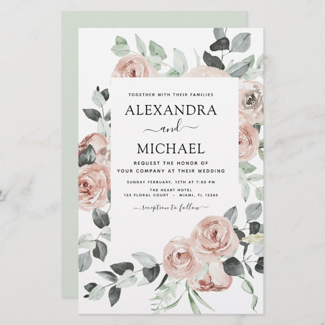 Lámina Invitación a la boda floral rosa y turbia (Anverso / Reverso)