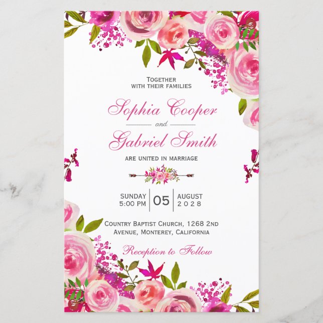Lámina Invitación a la boda floral rosada caliente de ver (Anverso)