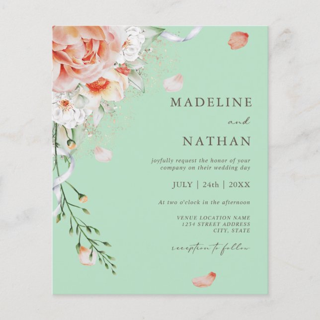 Lámina Invitación a la boda floral verde con presupuesto  (Anverso)