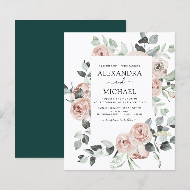 Lámina Invitación a la boda floral verde esmeralda (Anverso / Reverso)