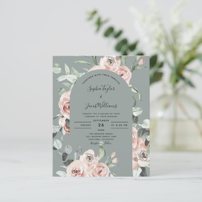 Lámina Invitación a la boda floral verde rosada de Sage B (Anverso de pie)