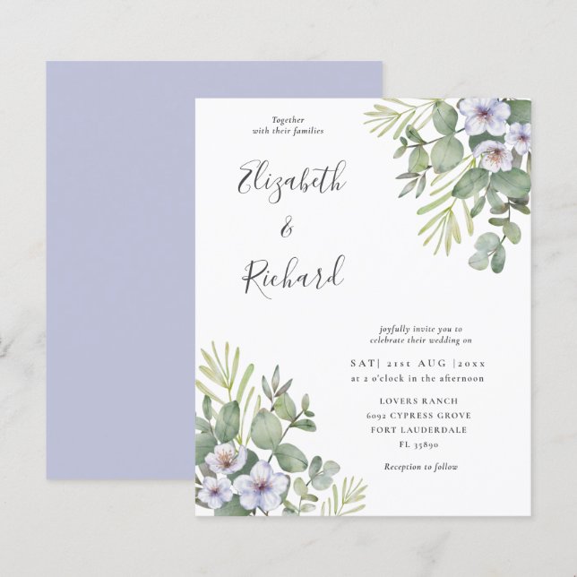 Lámina Invitación a la boda floral y eucaliptos (Anverso / Reverso)