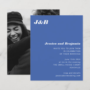 Lámina Invitación a la boda fotográfica azul monograma de