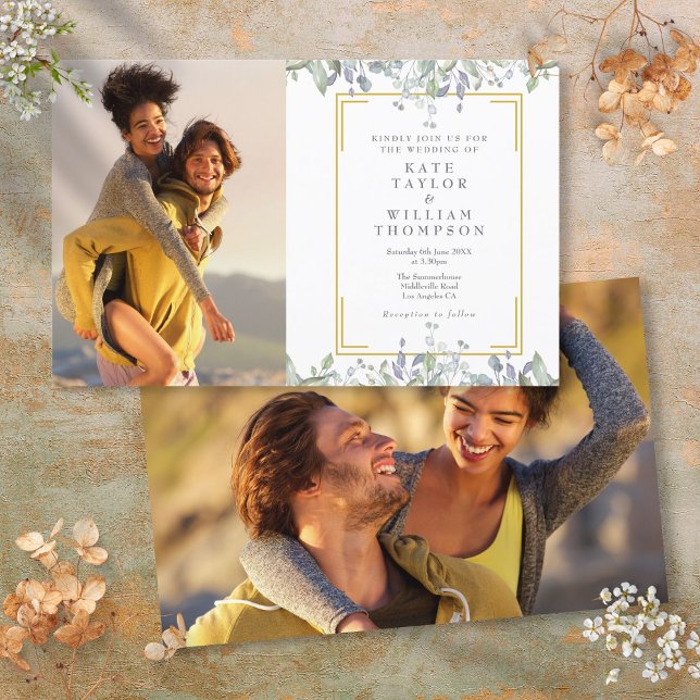 Lámina Invitación a la boda fotográfica de Floral de verd (Budget Greenery Floral 2 Photo Wedding Invitation)