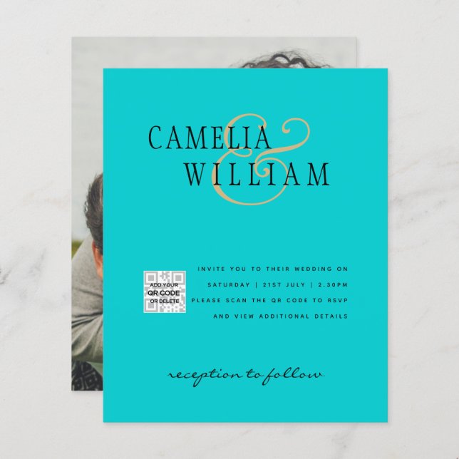 Lámina Invitación a la boda fotográfica QRCode RSVP Azul  (Anverso / Reverso)