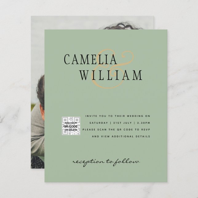 Lámina Invitación a la boda fotográfica QRCode RSVP Sage  (Anverso / Reverso)