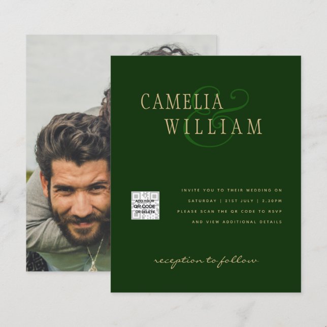 Lámina Invitación a la boda fotográfica QRCode RSVP Verde (Anverso / Reverso)