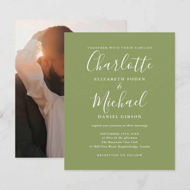 Lámina Invitación a la boda fotográfica verde de Budget M (Anverso / Reverso)