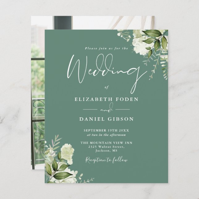 Lámina Invitación a la boda fotográfica verde de Eucalypt (Anverso / Reverso)