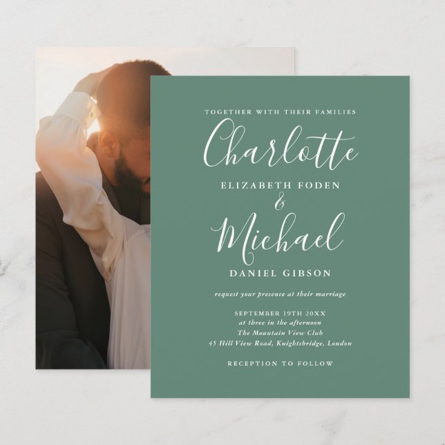 Lámina Invitación a la boda fotográfica verde de Eucalypt (Anverso / Reverso)