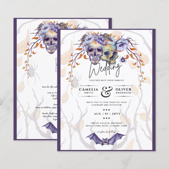 Lámina Invitación a la boda gótica calavera Naranja púrpu (Anverso / Reverso)