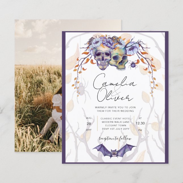 Lámina Invitación a la boda gótica calavera Naranja púrpu (Anverso / Reverso)