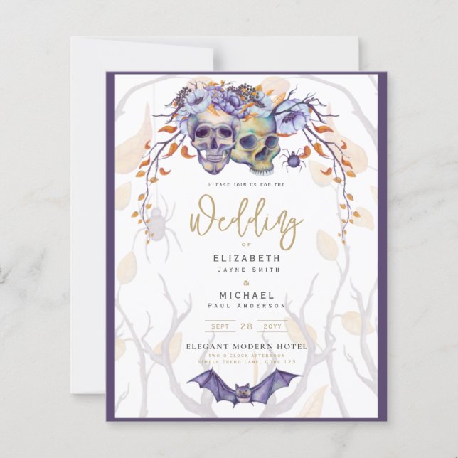 Lámina Invitación a la boda gótica calavera Naranja púrpu (Anverso)