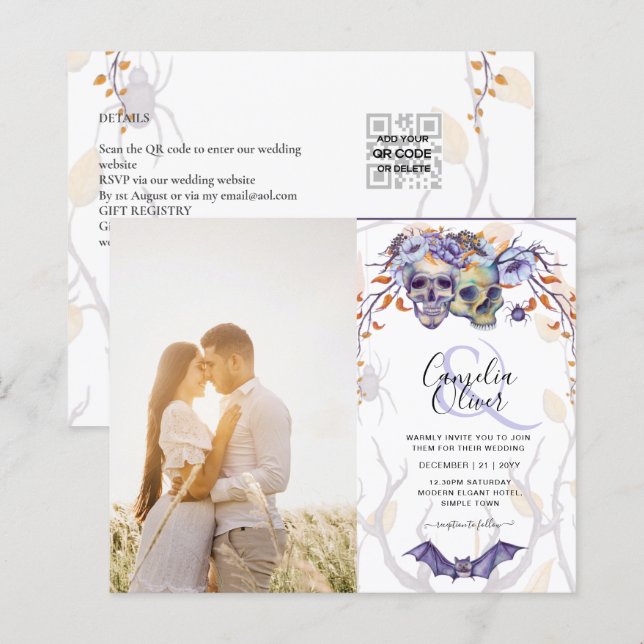 Lámina Invitación a la boda gótica calavera Naranja púrpu (Anverso / Reverso)