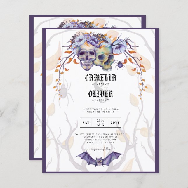 Lámina Invitación a la boda gótica calavera Naranja púrpu (Anverso / Reverso)
