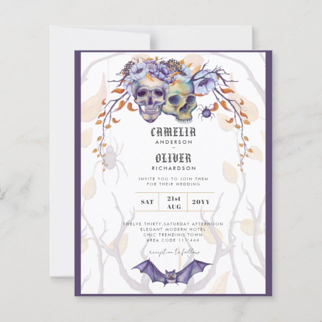Lámina Invitación a la boda gótica calavera Naranja púrpu (Anverso)