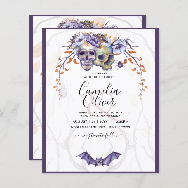 Lámina Invitación a la boda gótica calavera Naranja púrpu (Anverso / Reverso)