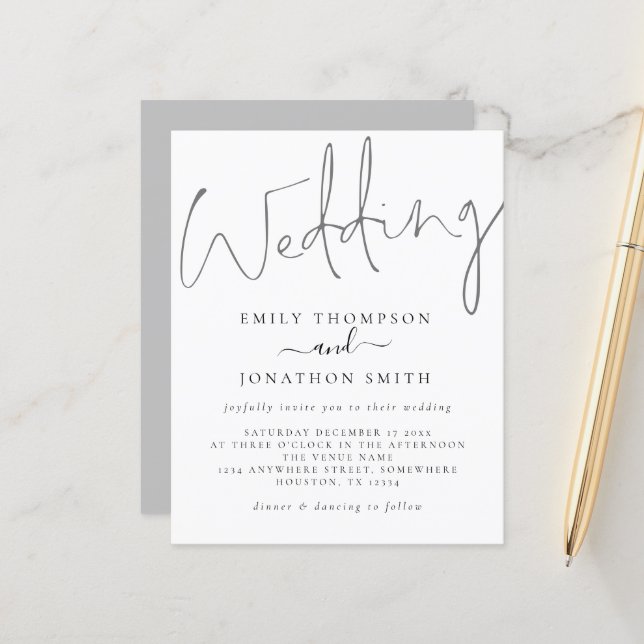 Lámina Invitación a la boda gris blanca con escritura mod (Anverso/Reverso In Situ)
