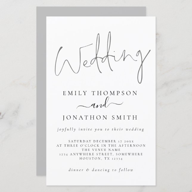 Lámina Invitación a la boda gris blanca con escritura mod (Anverso / Reverso)