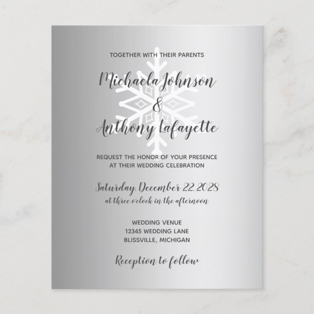 Lámina Invitación a la boda invernal de plata con copo de (Anverso)