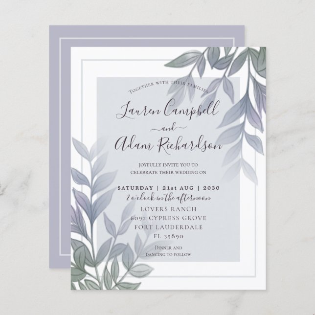 Lámina Invitación a la boda líaca púrpura de follaje pres (Anverso / Reverso)