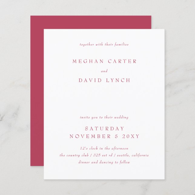 Lámina Invitación a la boda magenta moderna y simple de p (Anverso / Reverso)