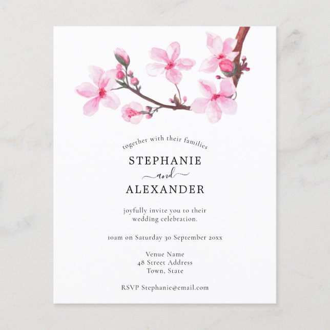 Lámina Invitación a la boda mínima de cerezo en flor (Anverso)