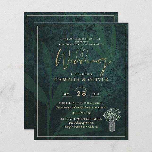 Lámina Invitación a la boda moderna de oro verde esmerald (Anverso / Reverso)
