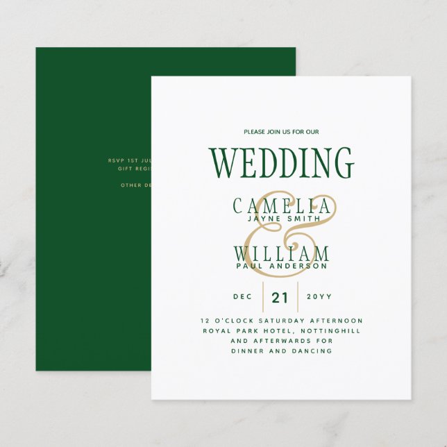 Lámina Invitación a la boda moderna de oro verde esmerald (Anverso / Reverso)