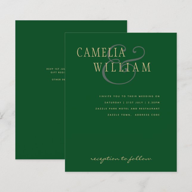 Lámina Invitación a la boda moderna de oro verde esmerald (Anverso / Reverso)