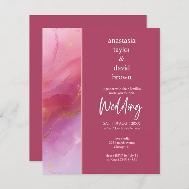Lámina Invitación a la boda moderna púrpura y rosada con  (Anverso / Reverso)