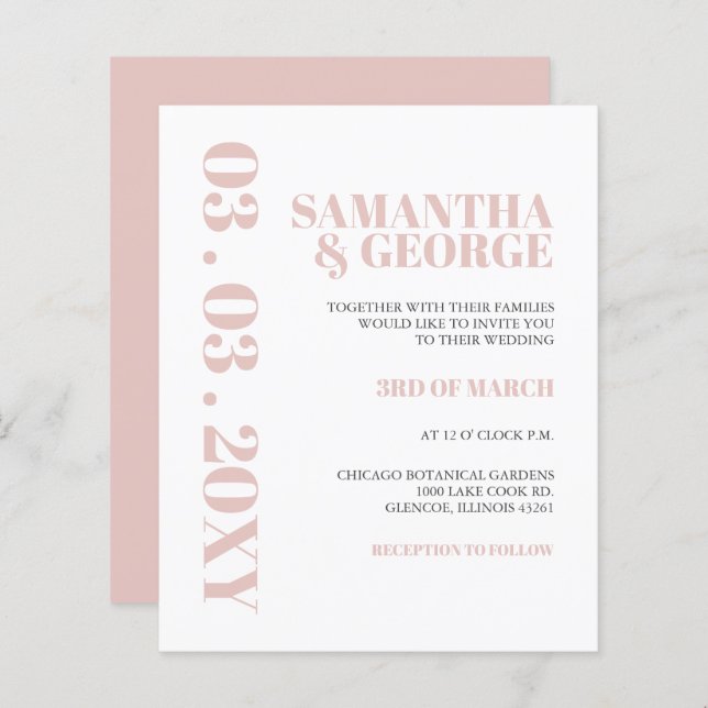 Lámina Invitación a la boda moderna Rubor simple con pres (Anverso / Reverso)