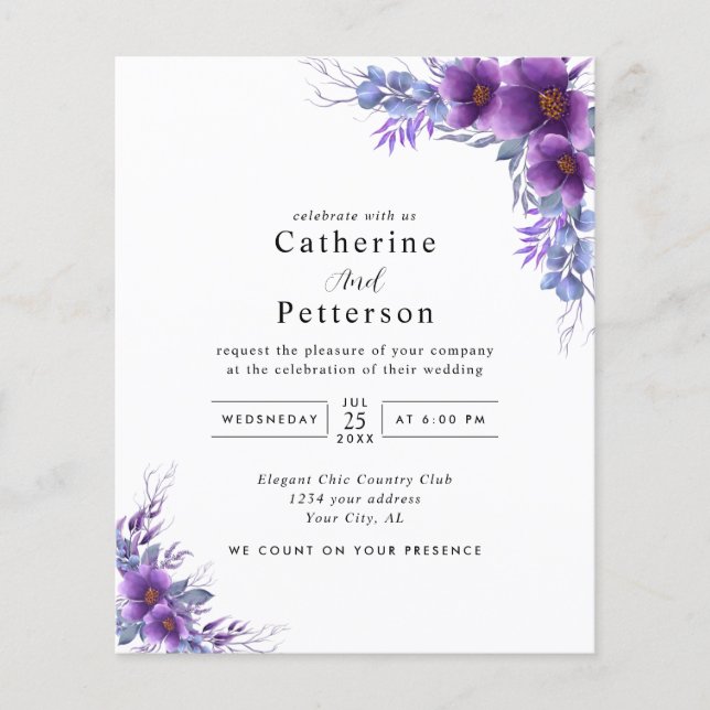 Lámina Invitación a la boda morada floral (Anverso)