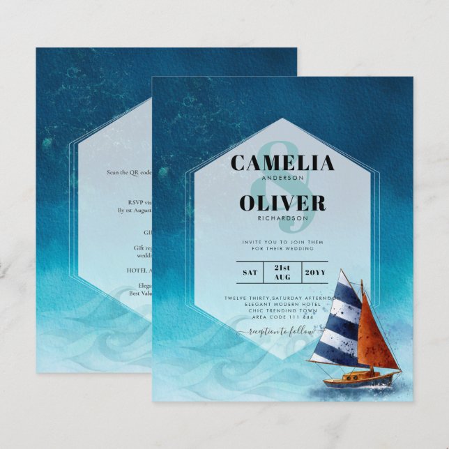Lámina Invitación a la boda náutica con barco de vela (Anverso / Reverso)