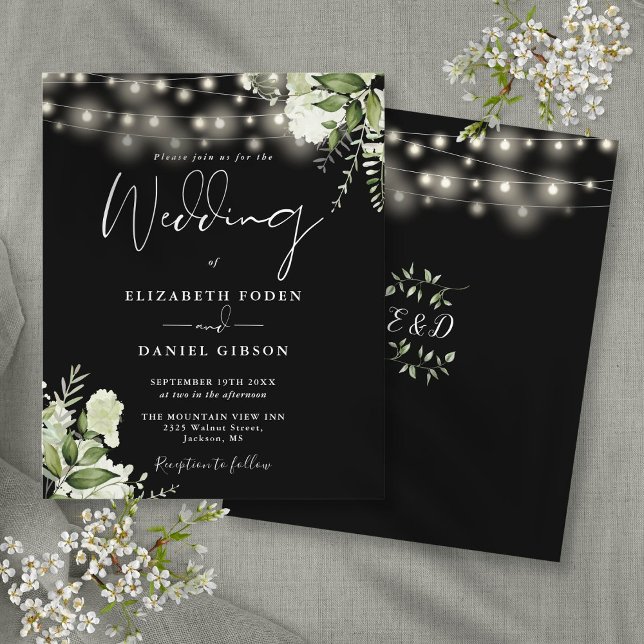 Lámina Invitación a la Boda Negra de las Luces Florales P (Budget Floral Lights Black Wedding Invitation)