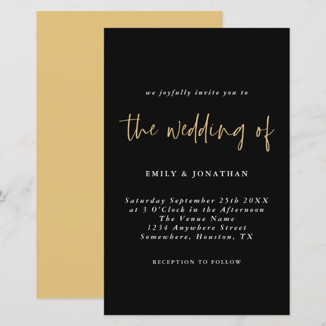 Lámina Invitación a la Boda Negra de Oro Sencilla de Pres (Anverso / Reverso)