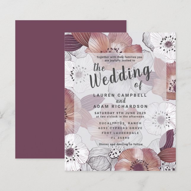 Lámina Invitación a la Boda Púrpura Rojo Floral Presupues (Anverso / Reverso)