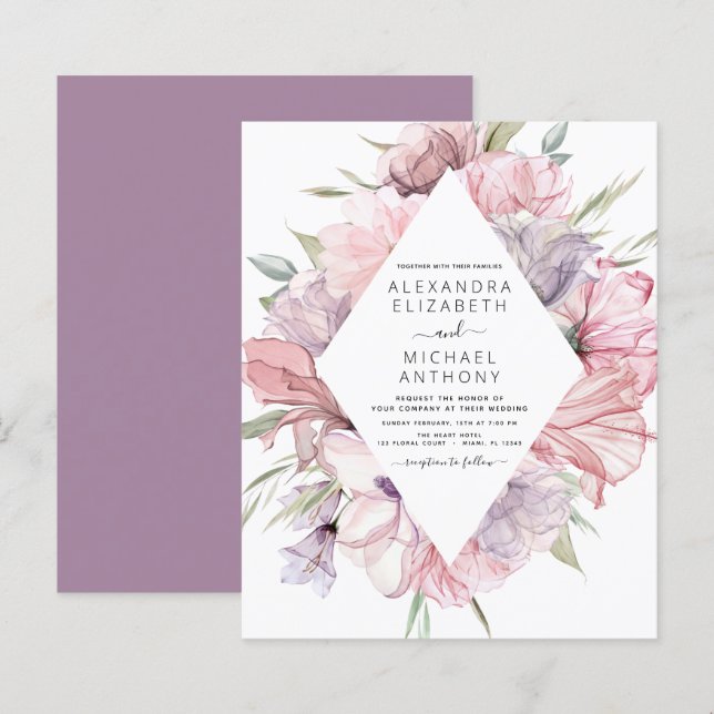 Lámina Invitación a la boda púrpura rosada del Boho de pr (Anverso / Reverso)