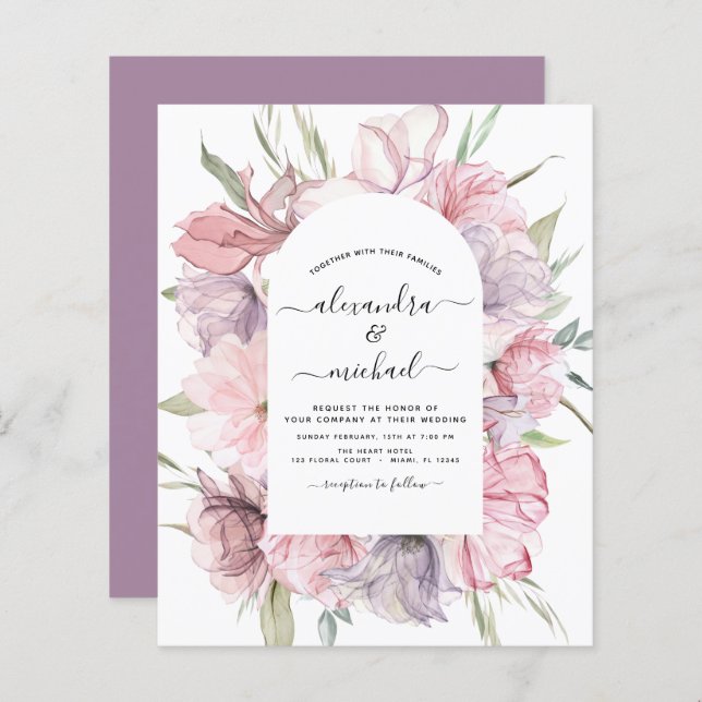 Lámina Invitación a la boda púrpura rosada del Boho de pr (Anverso / Reverso)